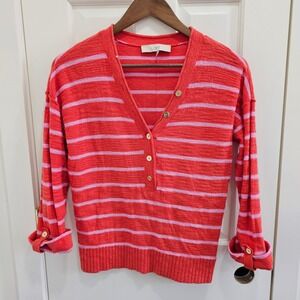 LOFT Women's Striped Henley Sweater Coral Pink Lavender XS